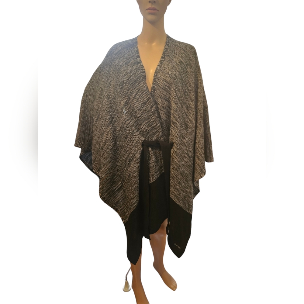 NWT Calvin Klein Belted Sweater Shawl Black White Gray - One Size
